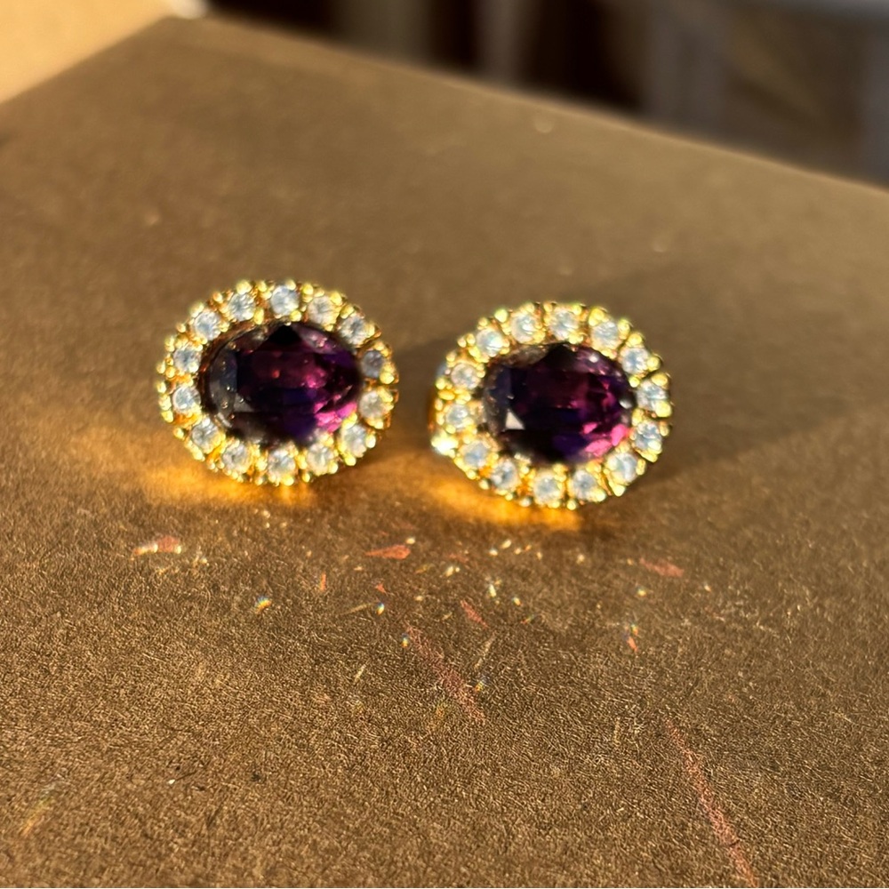 Christian Dior Amethyst Gold Plated Clip On Earrings Authentic Vintage - Picture 10 of 13